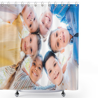 Personality  Bottom Biew Of Group Of Happy Schoolchildren Standing In Circle And Looking At Camera Shower Curtains