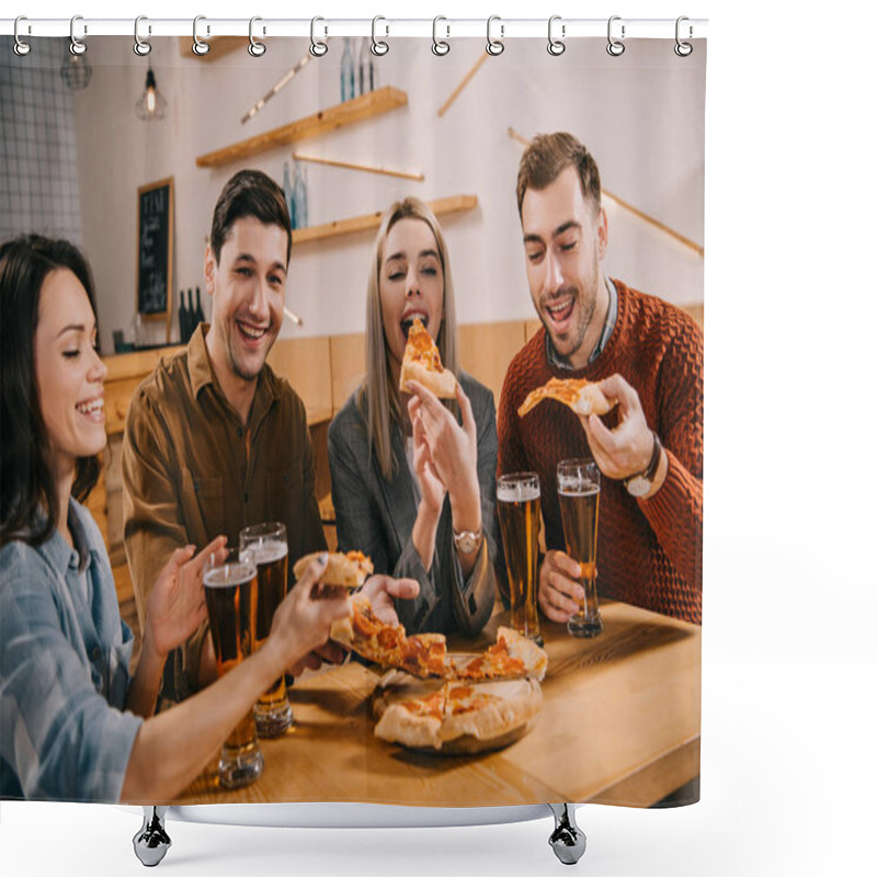 Personality  Happy Woman Eating Pizza Near Friends In Bar Shower Curtains