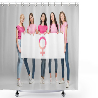 Personality  Attractive Young Women Holding Large Sign With Female Symbol On Grey Background Shower Curtains