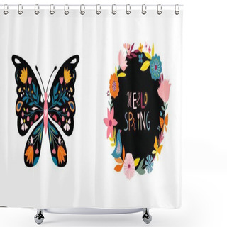 Personality  Hello Spring Cards/invitation Set  With Butterfly And Floral Wreaths Shower Curtains