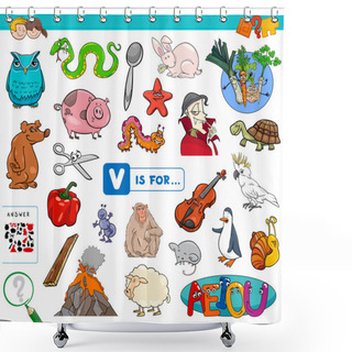 Personality  Cartoon Illustration Of Finding Picture Starting With Letter V Educational Game Workbook For Children Shower Curtains