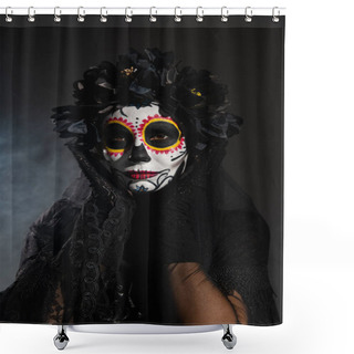 Personality  Woman In Black Wreath Holding Hands Near Face With Sugar Skull Makeup On Dark Smoky Background Shower Curtains