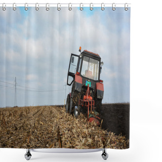 Personality  Tractor In The Field In The Middle Of Tillage Shower Curtains