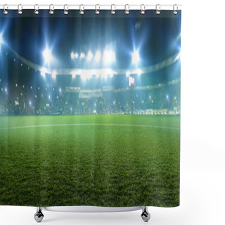 Personality  Football Stadium, Shiny Lights, View From Field Grass. Turf, Nobody On Playground, Tribunes With Game Fans On Background Shower Curtains