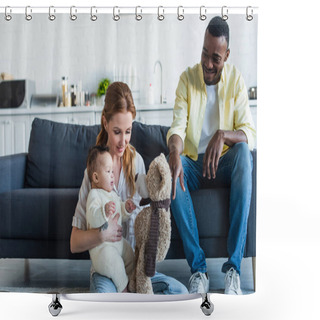 Personality  Happy Woman Sitting On Floor With Infant Daughter And Teddy Bear Near Smiling African American Husband Shower Curtains