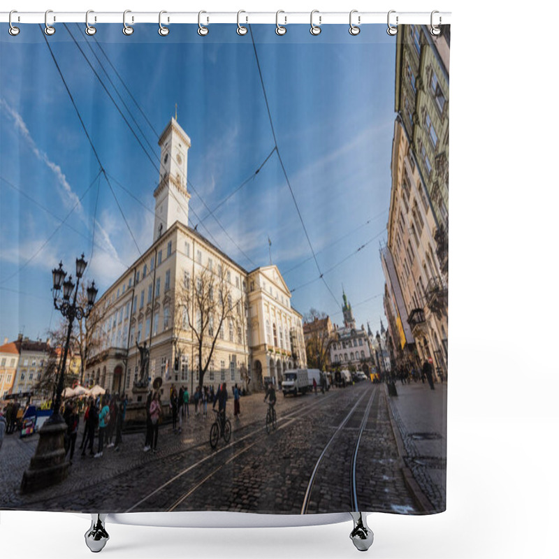 Personality  LVIV, UKRAINE - OCTOBER 23, 2019: People And Vehicles Near Lviv City Hall Shower Curtains