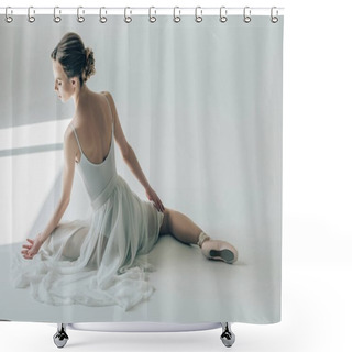 Personality  Rear View Of Ballerina Sitting In White Dress And Ballet Shoes Shower Curtains