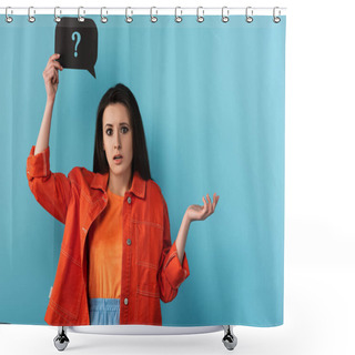 Personality  Shocked Woman Holding Speech Bubble With Question Sign On Blue Background  Shower Curtains