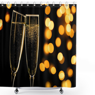 Personality  Two Champagne Glasses Toasting On Black Background With Bokeh Lights, Happy New Year Shower Curtains