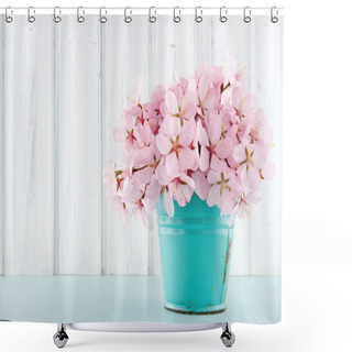 Personality  Cherry Blossom Flower Bouquet On Wooden Background Shower Curtains