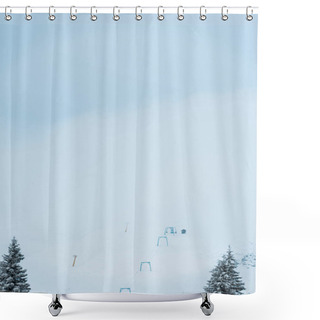 Personality  Scenic View Of Gondola Lift In Snowy Mountains With Pine Trees Shower Curtains