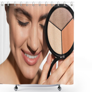 Personality  Close Up View Of Happy Young Woman Holding Bronzer And Highlighter Palette Isolated On White  Shower Curtains