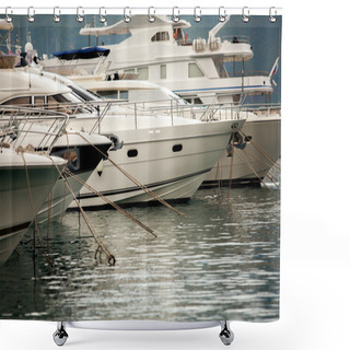 Personality  White Luxury Yachts And Boats Moored At Sea Harbor  Shower Curtains