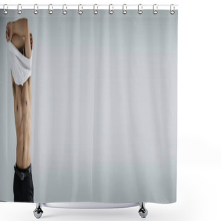 Personality  Sexy And Muscular Man In Trousers Taking Off White T-shirt On Grey, Banner Shower Curtains