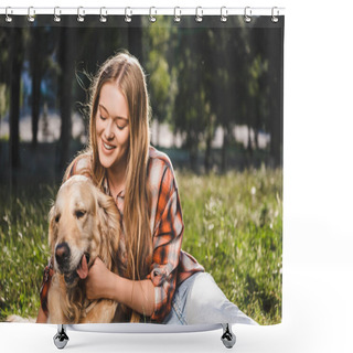 Personality   Beautiful Girl Smiling While Petting Golden Retriever And Looking At Dog Shower Curtains