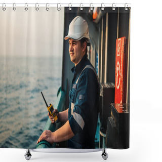 Personality  Marine Deck Officer Or Chief Mate On Deck Of Offshore Vessel Or Ship , Wearing PPE Personal Protective Equipment - Helmet, Coverall. He Holds VHF Walkie-talkie Radio In Hands. Shower Curtains