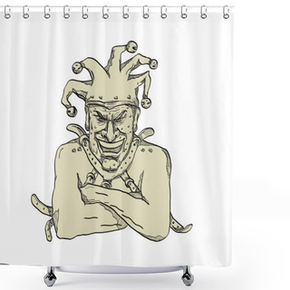Personality  Drawing Sketch Style Illustration Of A Crazy, Lunatic Or Insane Harlequin, Professional Joker, Fool Or Court Jester Wearing A Straitjacket Or Strait Jacket While Laughing Viewed From Front On Isolated Background. Shower Curtains