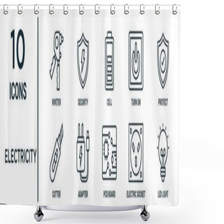 Personality  Electricity Outline Icon Set Such As Thin Line Riveter, Cell, Protect, Adapter, Electric Socket, Led Light, Cutter Icons For Report, Presentation, Diagram, Web Design Shower Curtains