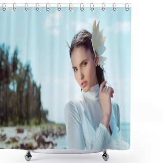 Personality  Selective Focus Of Beautiful Woman In White Swan Costume Standing On Forest And River Background Shower Curtains