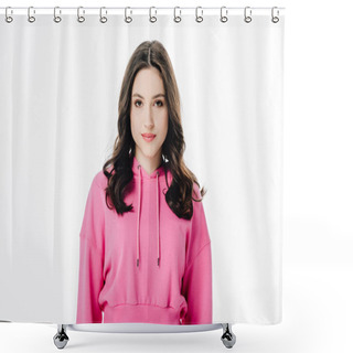 Personality  Attractive Confident Girl In Pink Hoodie Looking At Camera Isolated On White Shower Curtains