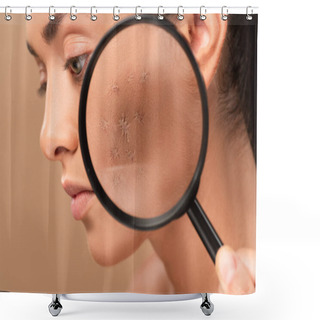 Personality  Cropped View Of Man Holding Magnifying Glass Near Young Woman With Problem Skin Isolated On Beige  Shower Curtains