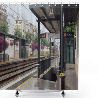 Personality  Train Station With Blooming Bushes And Nameplates In Catalonia, Spain Shower Curtains