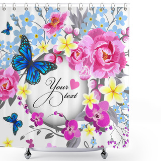 Personality  Beautiful Floral Frame With Pink Flowers. Vector Illustration Shower Curtains
