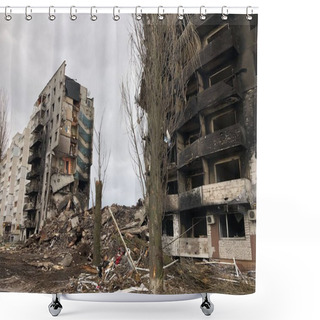 Personality  Borodyanka, Kyiv Region, Ukraine. April 08, 2022: Destroyed Building After Russian Occupation  Shower Curtains