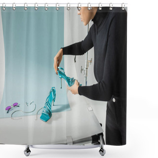 Personality  Partial View Of African American Content Manager Holding Trendy Shoe Near Sunglasses And Jewelry Accessories On Shooting Table In Photo Studio Shower Curtains