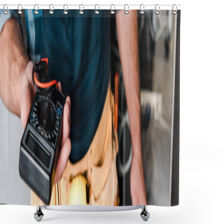 Personality  Panoramic Shot Of Technician Holding Digital Meter  Shower Curtains