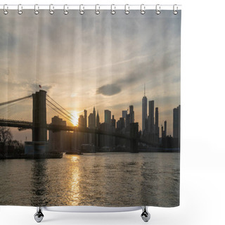 Personality  Scene Of New York Cityscape With Brooklyn Bridge Over The East River At The Sunset Time, USA Downtown Skyline, Architecture And Transportation Concept Shower Curtains