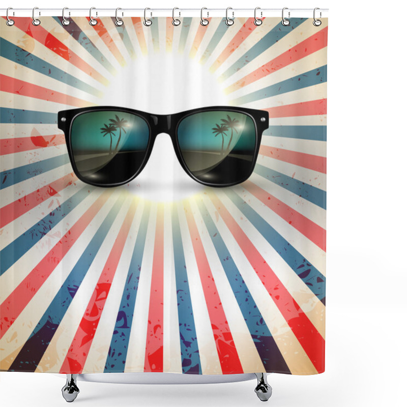 Personality  Vector sunglasses with tropical island reflection in the lens shower curtains