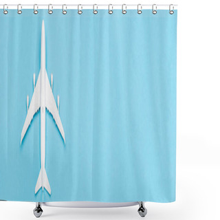Personality  Top View Of White Plane Model On Blue Background, Banner Shower Curtains