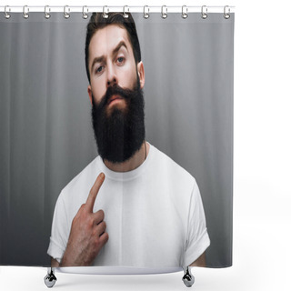 Personality  Clsoe Up Cropped Portrait Of Brutal Handsome Caucasian Male Indicate To His Trendy Beard, Posing On Gray Studio Background. Bearded Barber European Man Model With Confident Expression On His Face Shower Curtains