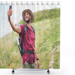 Personality  Traveler With Backpack Taking Selfie On Smartphone On Summer Meadow Shower Curtains