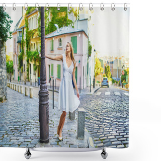 Personality  Beautiful Young Woman In White Dress Walking On Famous Montmartre Hill In Paris, France At Early Morning Shower Curtains