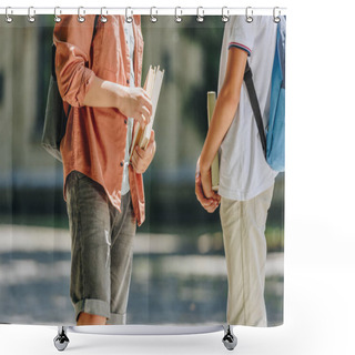 Personality  Partial View Of Two Schoolboys Holding Books While Standing In Schoolyard Shower Curtains