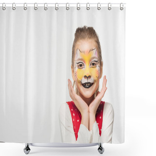 Personality  Cute Kid With Tiger Muzzle Painting On Face Holding Hands Near Face While Looking At Camera Isolated On White Shower Curtains