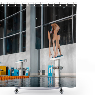 Personality  Sportsman Standing In Starting Pose Near Swimming Pool  Shower Curtains