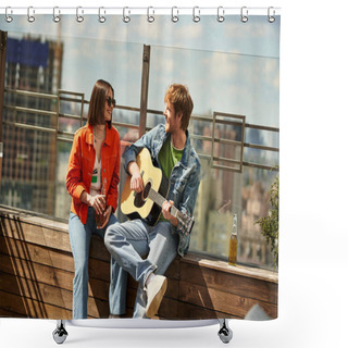 Personality  A Man And Woman Sit On A Bench, Strumming Guitars As They Harmonize In A Serene Outdoor Setting Shower Curtains