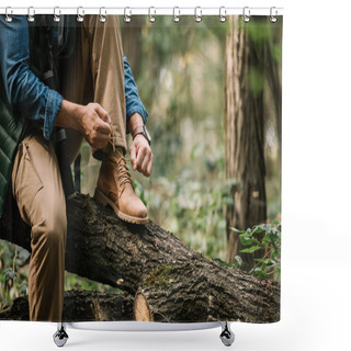 Personality  Partial View Of Man Tying Shoelaces On Log While Hiking In Forest Alone Shower Curtains