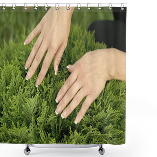Personality  Female Hands With Perfectly Groomed Nails On Natural Evergreen Foliage Background, Manicure Shower Curtains