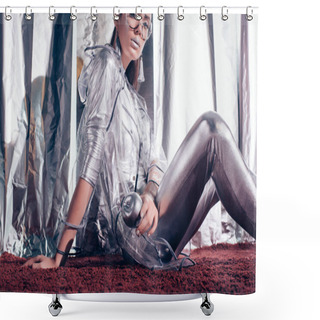 Personality  Stylish Young Woman In Silver Bodysuit And Raincoat Holding Silver Apple And Posing For Fashion Shoot On Metallic Background Shower Curtains