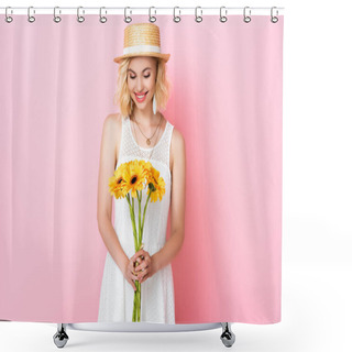 Personality  Woman In Straw Hat And White Dress Looking At Yellow Flowers On Pink  Shower Curtains