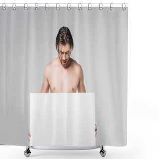 Personality  Portrait Of Handsome Shirtless Man Looking At Blank Banner In Hands Isolated On Grey Shower Curtains