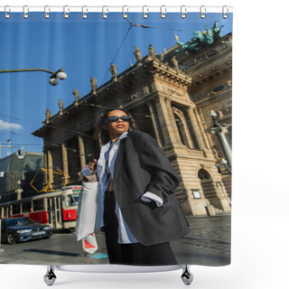 Personality  Low Angle View Of Young African American Woman In Stylish Blazer And Sunglasses Posing Near National Theatre In Prague Shower Curtains