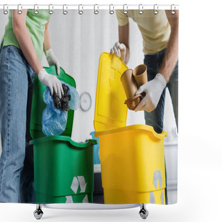 Personality  Cropped View Of Couple In Latex Gloves Sorting Trash In Cans With Recycle Sign At Home  Shower Curtains