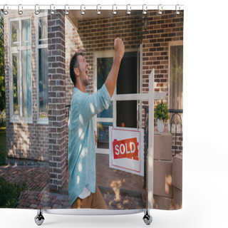 Personality  Excited Man Rejoicing Near Sold Board And New House Shower Curtains