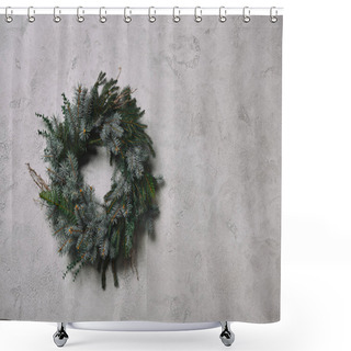 Personality  Round Fir Wreath For Christmas Decoration Hanging On Grey Wall In Room Shower Curtains