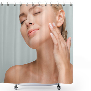 Personality  Close Up Of Happy And Pretty Woman Touching Clean Face Isolated On Grey  Shower Curtains